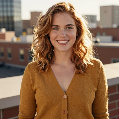 Verified female admirer Chloe, 25, from Denver, smiling on a rooftop at golden hour
