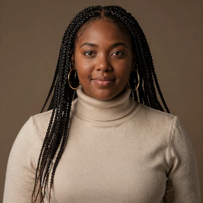 Size queen community member Amara, 31, Atlanta, in a cream turtleneck and gold earrings