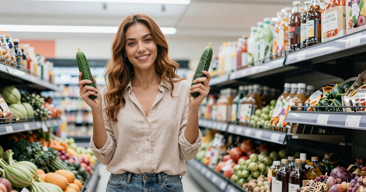 Smiling woman holding a cucumber in a grocery produce aisle illustrating the Cucumber Date Code dating signal