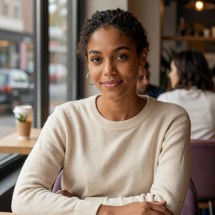 Confident young Black woman in cream sweater smiling by a cafe window representing body-positive size queen self-acceptance