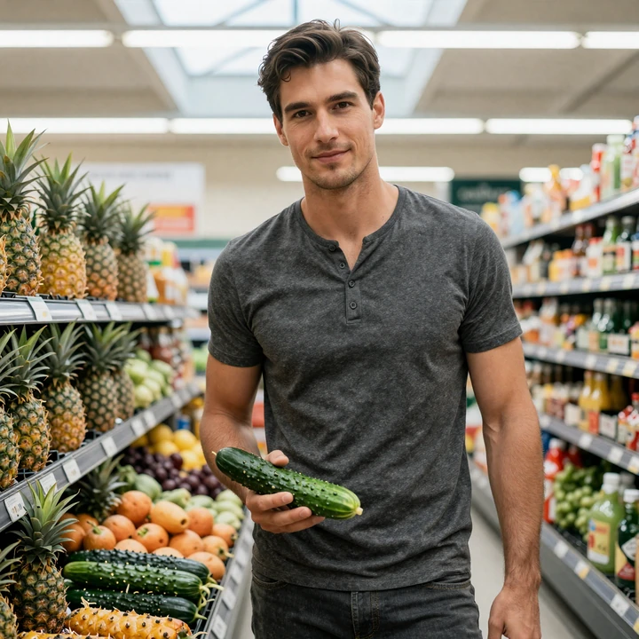 Confident man holding a single cucumber in a supermarket produce aisle near pineapples symbolising the trend evolution