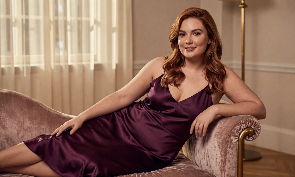 Confident curvy woman in plum silk dress on a blush chaise illustrating modern body-positive size queen identity
