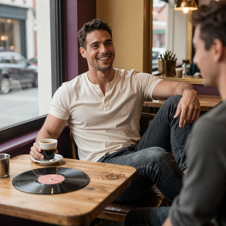 Relaxed confident man laughing at a cafe demonstrating Big Dick Energy in everyday dating life