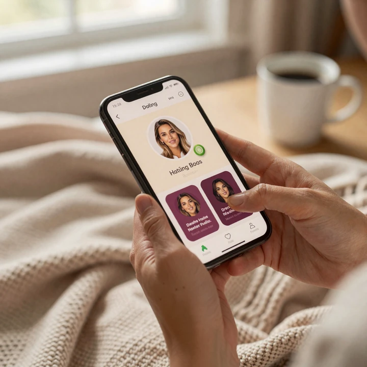 Hands holding a smartphone showing a Your Sweet Dating profile with a Cucumber Code badge in a cosy home setting