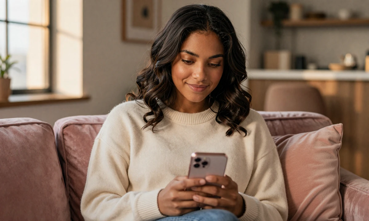 Woman safely browsing a private dating site at home illustrating online dating safety tips